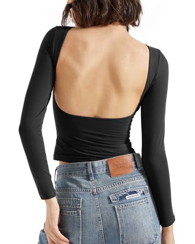SUUKSESS Women Backless Going Out Tops Double Lined Open Back Basic Long Sleeve
