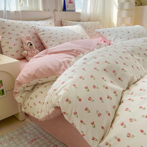 Bed Floral Duvet Cover Set, 3/4-Piece Bedding Set - Botanical Aesthetic Quilt Cover, Sheet & Pillowcases - White Pink Flowers Floral Print Reversible Microfibre - Soft, Breathable Fabric