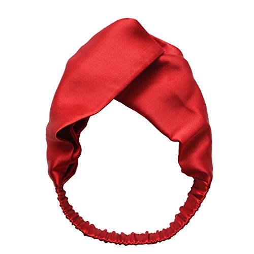 Share Maison Pure Natural Mulberry Silk Headband for Women Fashion Vintage Pure Color Stretchy High-Density 16MM Twisted Head Hair Wrap Accessory Turban for Girls (Red)