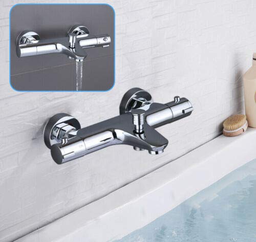 Grifo mezclador para bañera y ducha, de acero inoxidable, con protección contra quemaduras, 20 – 50 ℃, 2 salidas de agua con botón de seguridad de 38 °C
