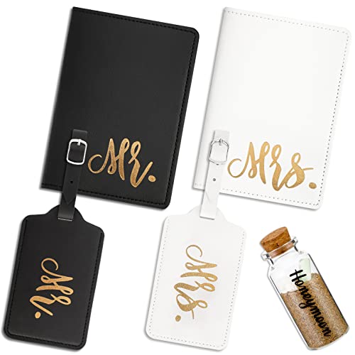 Saintrygo 5 Pcs Mr and Mrs Passport Holder Cover Valentines Day Bridal Gift Travel Luggage Tag Honeymoon Set Couple for Bridal Gift Valentines Day Wedding Engagement Newlyweds Couples Women