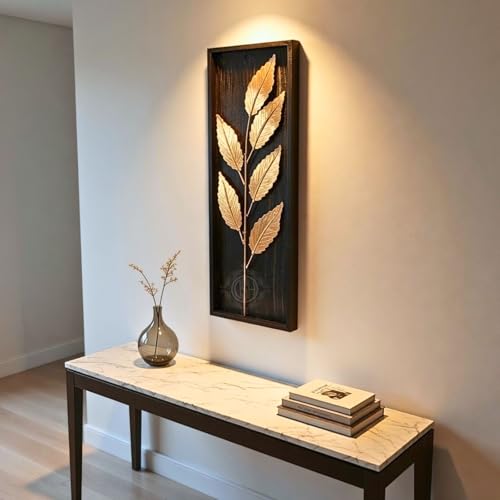 Image of DSH Leaf Wall Art Panels Modern Rustic Home Decor Wall Hanging Sculpture for Living Room, Bedroom & Office (45X15 CM) Decoration Item (Titan Leaf, 1 Frame)