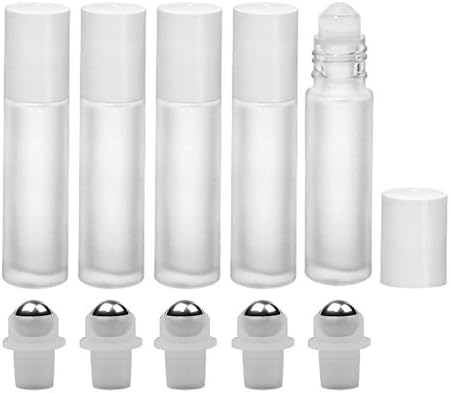 Perfume Studio® Set of White Frosted Glass Roll On Bottles with White Caps and Interchangeable Metal/Plastic Balls
