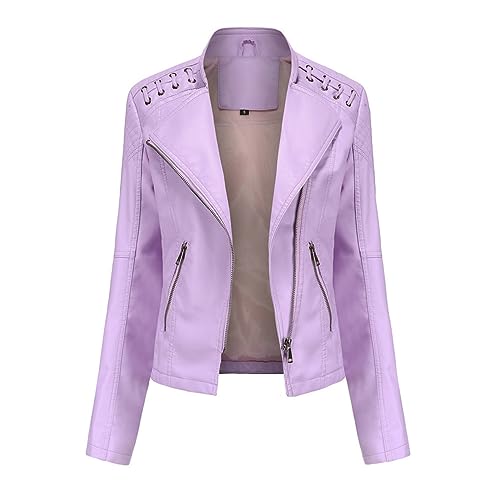 Veste en simili cuir femme coupe cintrée rose violet, manteau de moto biker mi-saison taille S
