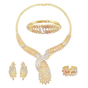 NICENEEDED Gold African Costume Jewelry Set, Hollow Golden Luxury Necklace Earrings Bracelet Ring Set, Rhinestones Alloy Beads Necklace Set Theme Party Accessory for Women And Girls