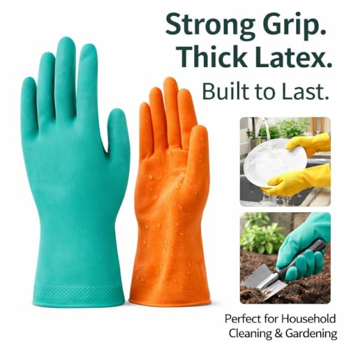 Image of Heavy Duty Dishwashing Gloves 12 Inch Pack of 4 Pairs Waterproof Latex Kitchen Cleaning Anti Slip Reusable Rubber Household Gloves for Cleaning Gardening Pet Grooming ORANGE COLOUR