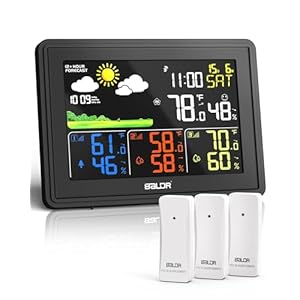 BALDR Draadloos weerstation met 3 buitensensoren, DCF kleurenscherm, weerstation met weersvoorspelling, binnen en buiten, digitale thermometer, hygrometer, barometer en aangepaste alarmen (zwart)