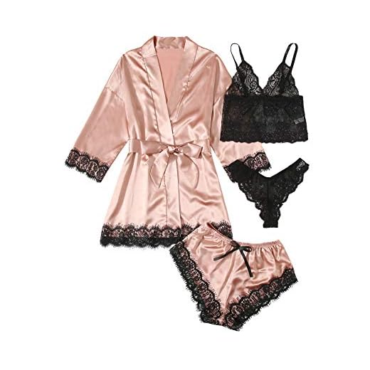 WDIRARA Women' Silk Satin Pajamas Set 4pcs Lingerie Floral Lace Cami Sleepwear with Robe Baby Pink M