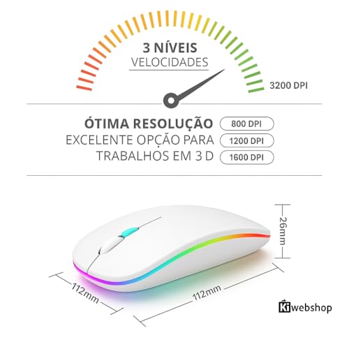 Mouse Sem Fio Recarregável, Ergonômico, com Led RGB, Conexão Dual Bluetooth 5.0/USB 2.4GHz, DPI Ajus