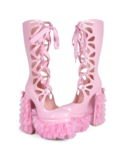 Kawaii Sweet Lolita Chunky Platform Knee High Heeled Boots, Cosplay Anime Patent Bow Ribbon Satin Lace Butterfly, Y2K Gothic Hot Cute Lovely Girl Big Large Size Shoes For Women Men4