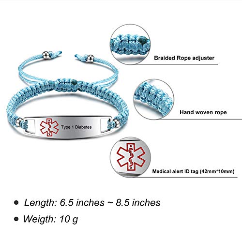 Image of JF.JEWELRY Pre-Engraved Type 1 Diabetes Medical Alert ID Bracelet | Nylon Rope Braided Medical Alert Bracelet, 6.0-8.5 Inches Adjustable