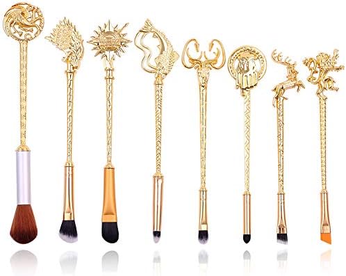 YINUO Vintage Game of Thrones Metal Handle Makeup Brush Sets Gift,Foundation Blending Powder Eyeshadow Blush Cosmetic Brush Set with Silver Bag Pack of 8(Game of Thrones[Gold])