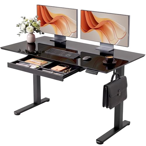Image of YDN Glass Standing Desk with Drawer, 55 x 24 Inches Electric Adjustable Height Desk, Sit Stand Home Office Desk with Tempered Glass Top, 4 Memory Presets Ergonomic Computer Desk, Black