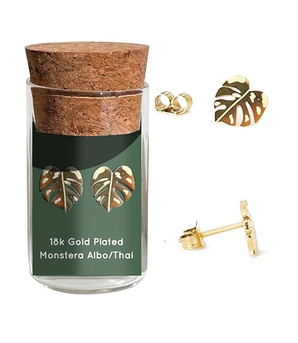 Monstera Albo Thai Constellation Stud Earrings – Houseplant-Nature-inspired Jewelry – Stainless Steel – 18k Gold Plated – 18k Rose-Gold Plated – Cute Glass Jar Packaging – Plastic-Free