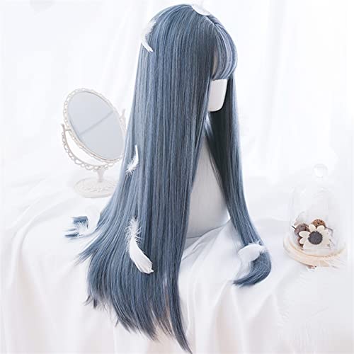 Perruque droite gris bleu naturel avec frange longs cheveux lisses