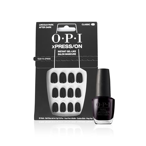OPI xPRESS/ON Uñas artificiales reutilizables con hasta 14 días de uso + Esmalte de uñas Nail Lacquer hasta 7 días de duración - Tono Lincoln Park After Dark - Negro/Morado Oscuro (15ml)