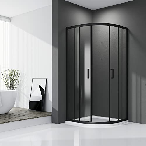 Preisvergleich Produktbild Meykoers Duschkabine 90x90cm Eckeinstieg Runddusche mit Schiebetür, Duschkabine Schwarz Rahmen Duschabtrennung Duschtür Duschwand Glas, ESG Sicherheitsglas mit Nano-Beschichtung Höhe 185cm Radius 55cm