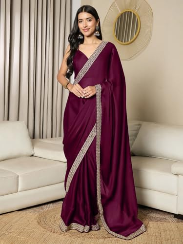 Image of AKHILAM Women's Satin Solid Ready To Wear one Minute Saree with Unstitched Blouse Piece