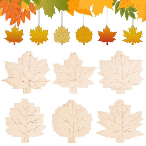 24 PCS Unfinished Wooden Fall Crafts, Maple Leaves Shaped Hanging Ornaments DIY Wood Craft Cutouts for Fall Home Decor (Leaves)