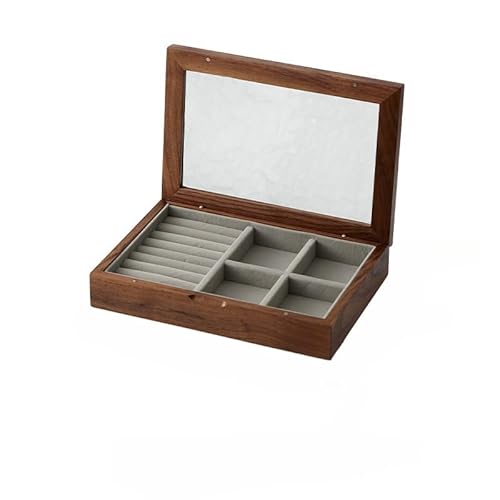 Apaeofl ジュエリーボックス アクセサリーケース 大容量 仕切り調整 1段 2段 木製 ビーチウッド ウールナット ガラス ウッドケース おしゃれ 宝石箱アクセサリー 収納 ケース 指輪 リング/ピアス/ネックレス/メガネ/時計収納 小物収納 (1段
