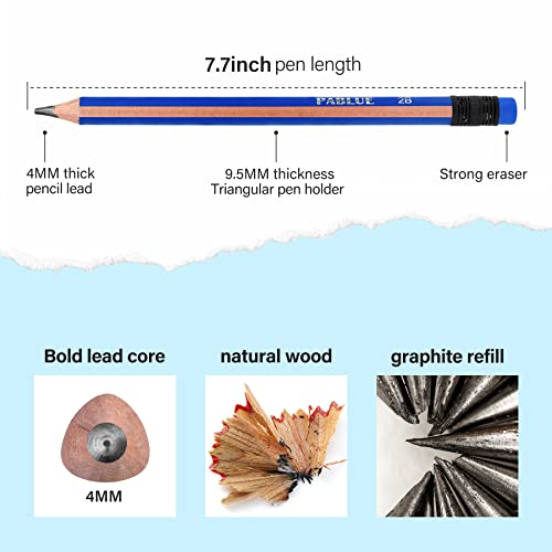 PABLUE Fat, Thick, Strong Triangular Presharpened 2B Pencils, Jumbo Wood Pencils with Eraser for Beginners, Writing, Drawing, school, Art, Sketching and Shading(Blue, 6 Count) - Thumbnail 2