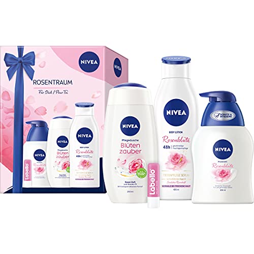 Preisvergleich Produktbild NIVEA Rosentraum Geschenkset, sinnlich duftendes Beauty Set, verwöhnendes Pflegeset mit Body Lotion, Pflegedusche, Handseife und Labello