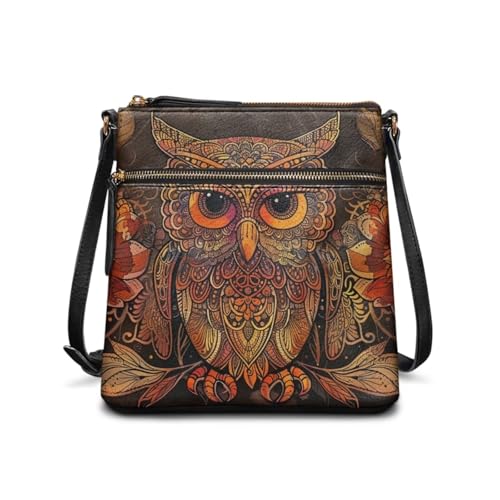 Sannovo Bolsa tiracolo de couro Hobo para mulheres, bolsas de ombro femininas, bolsa carteiro, Estampa de coruja marrom boho