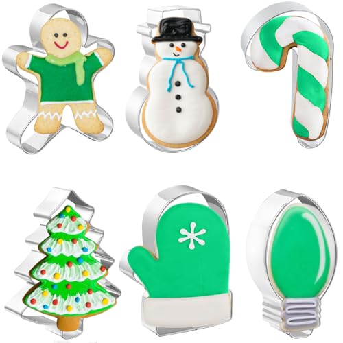 JOB JOL Christmas Cookie Cutters 6 PCS, 4, Gingerbread Man, Christmas Tree, Snowman, Light Bulb, Mitten  