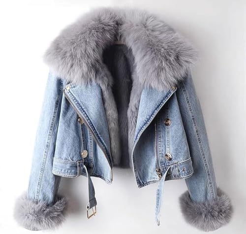 Loveimgs Women Western Removable Faux Fur Lined Denim Jacket Short Cropped Jean Jacket Coat Overcoat With Belt thumb #4