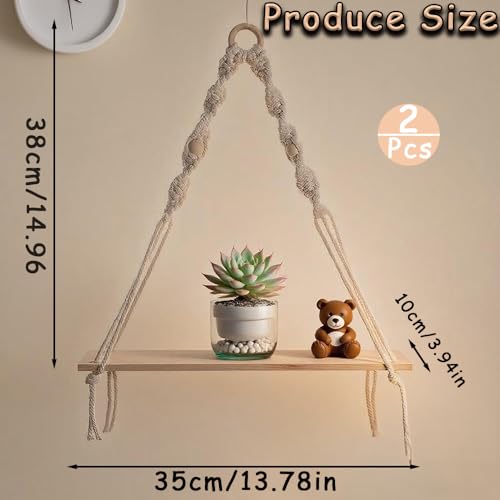 Kinfezlon 2 Stück Makramee Wandregal, Holz Regal, Makramee Wandbehang, Handgewebte Schweberegal, Boho Deko Hängeregal Baumwollseil, Quasten Schweberegal Pflanzenregal, für Wohnzimmer, Schlafzimmer