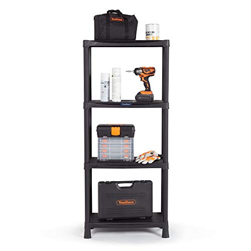 VonHaus Garage Shelving Units - 4-Tier Shelving Units for Storage - Lightweight, Compact & Easy to Build Shed Shelving Units - Weatherproof Plastic Shelving Unit - 25kg Weight Capacity Per Shelf