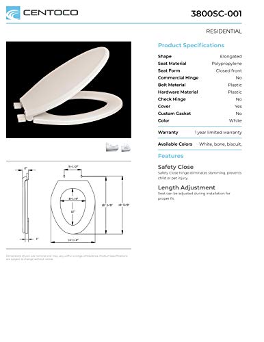 Centoco 3800SC-416 Elongated Plastic Toilet Seat with Safety Close, Light Weight Residential, Biscuit