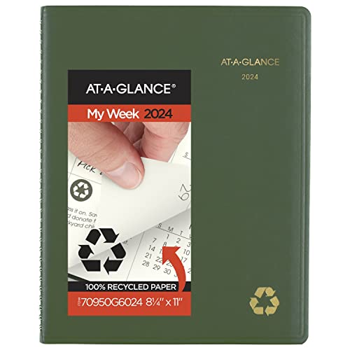 AT-A-GLANCE 2024 Weekly & Monthly Planner, Quarter-Hourly Appointment Book, 8-1/4" x 11", Large, Recycled, Monthly Tabs, Green (70950G6024) -  ACCO Brands