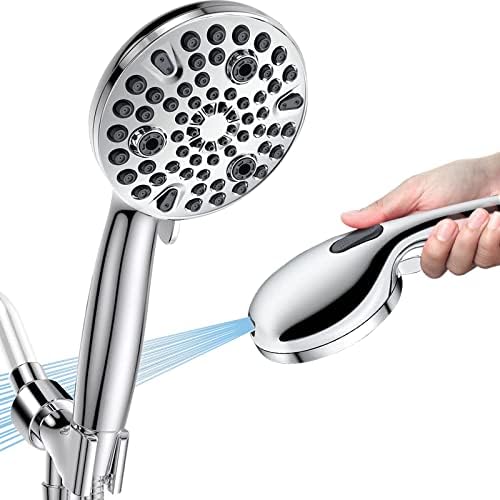 BATHPRO Handheld Shower Head High Pressure 10 Settings, 4.72in Detachable Showerhead with Long Hose Stainless Steel 59in, Built-in Power Wash to Clean, Adjustable 2 Wall Brackets (2.5GPM, Chrome)