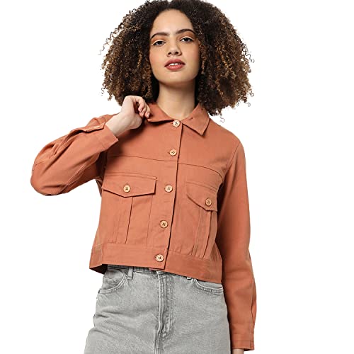 Image of Campus Sutra Women Orange Regular Fit Denim Jacket For Winter Wear | Collared Neck | Full Sleeve | Buttoned | Casual Jacket For Woman & Girl | Western Stylish Jacket For Women