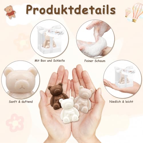 36 Stück Bärchen-Seifen Gastgeschenke, Mini-Seifen mit Geschenkbox & Dankeskarten, Duftseifen für Babyparty, Taufe, Hochzeit, Gender Reveal & Geburtstag – Weiß & Braun
