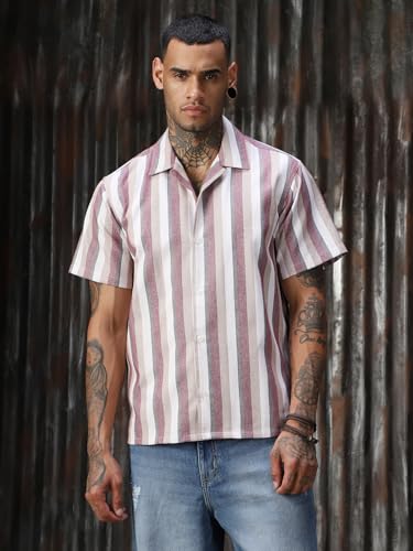 Image of High Star Men Strip Cotton Relaxed Fit Collar Short Sleeve Shirts 36
