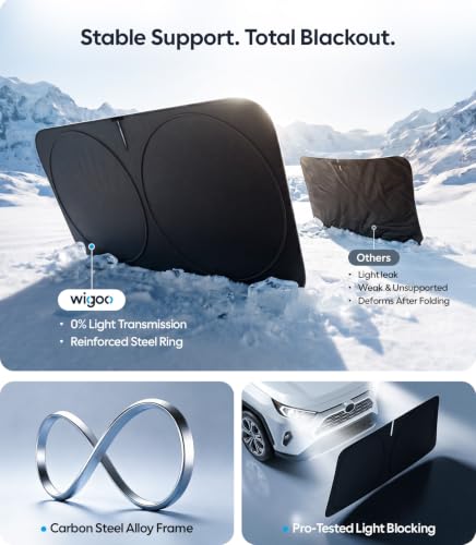 Image of Wigoo 2026 Upgrade Universal Car Windshield Sun Shade [100% Light Block, Durable 210D Oxford] Foldable Heat Insulation Interior Sun Visor to Keep Interior Cool with Storage Bag, XS(59 inchx21 inch)