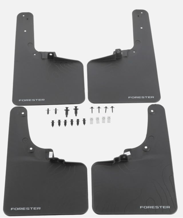 Four matte black Subaru mud flaps and various mounting hardware including screws and clips.
