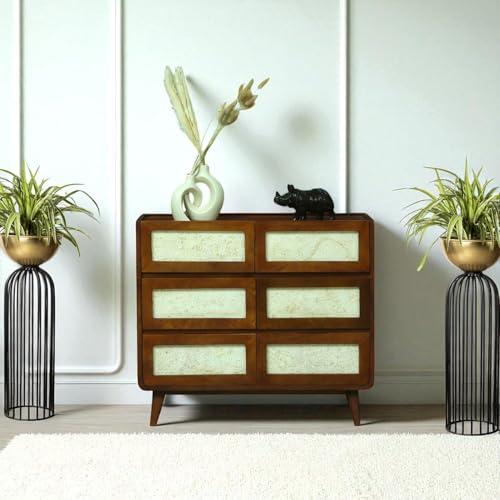 Image of Solid Wood Concerto Chest of Drawers | Wooden Storage Dresser with 6 Drawers | Finish Walnut Brown and Concrete