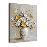 Framed Canvas Wall Art for Living Room, Modern Yellow and White Floral Artwork, Elegant Vase Flower Decoration, Textured 3D Canvas Painting for Bedroom or Hallway with Hooks and Magic Tape, 12x16 Inch