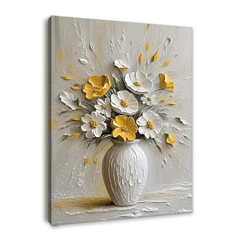 Framed Canvas Wall Art for Living Room, Modern Yellow and White Floral Artwork, Elegant Vase Flower Decoration, Textured 3D Canvas Painting for Bedroom or Hallway with Hooks and Magic Tape, 12x16 Inch