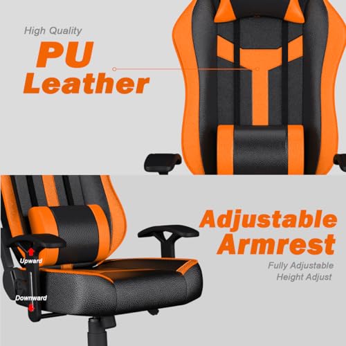 Image of ASE GAMING Ranger Series Ergonomic Gaming Chair Premium PU Leather, Adjustable Neck & Lumbar Pillow, 180 Degree Recline with Black Metal Base (Orange)