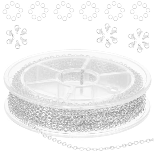 COMNICO Cadena de joyería de acero inoxidable de 10 m, 1,5 mm, para manualidades, suministros para hacer collares, aretes, pulseras, rollo de cable de metal chapado en color, 20 cierres de langosta,