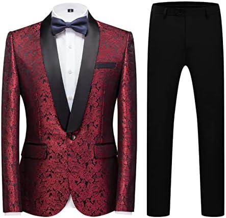 Mens Tuxedo Suit Slim Fit 2 Piece Formal Skinny Paisley Tuxedo Suit Set Shawl Lapel Tuxedo for Wedding Party Jacket & Pants Red