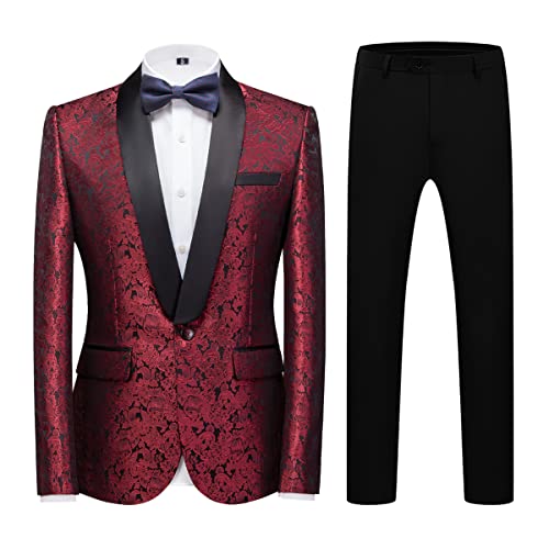 Mens Tuxedo Suit Slim Fit 2 Piece Formal Skinny Paisley Tuxedo Suit Set Shawl Lapel Tuxedo For Wedding Party Jacket & Pants Red #TOP9