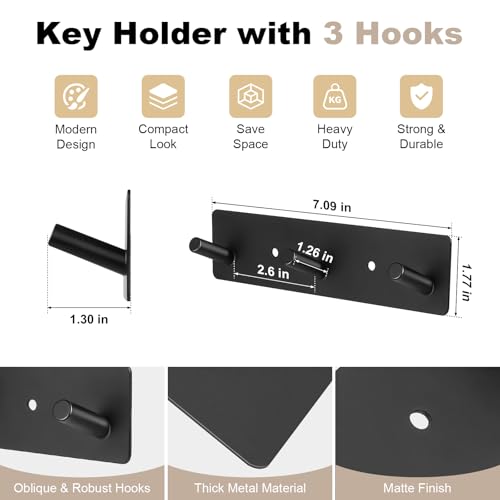 Kuaima Key Holder Wall Mount, Black Metal Key Hanger With 3 Key Hooks Compact Key Rail Adhesive Key Rack Organizer 2 Mount Options For Entryway Hallway Doorway Camper thumb #4