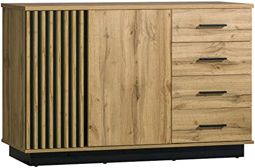 MINIO go for it - Sideboard Lamia, 141cm Breit, Kommode mit Türen und Schubladen, mit MDF-Latten, Wohnzimmer, Möbel für Schlafzimmer, Schubladenkommode, Farbe: Wotan Eiche/Schwarz Matt