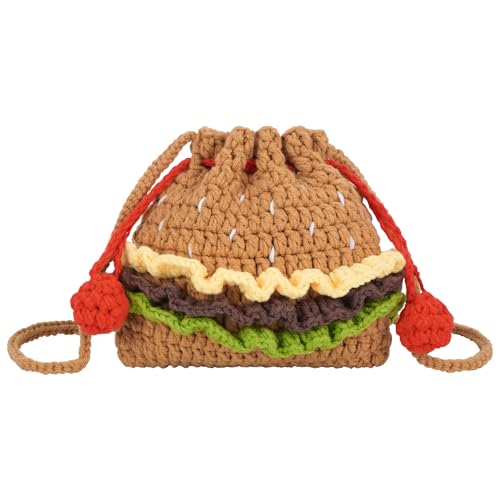 Women Mini Hamburger Design Knitting yarn Woven Crossbody Shoulder Bag Drawstring Bucket Bag