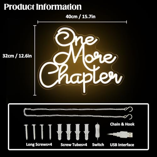 Image of One More Chapter Neon Sign Read Books Neon Light for Reading Room Decor | Dimmable Letter Neon Lights for Bedroom, Acrylic Book Wall Art, USB Powered, Library Bookstore Classroom Decor, Bookish Gifts
